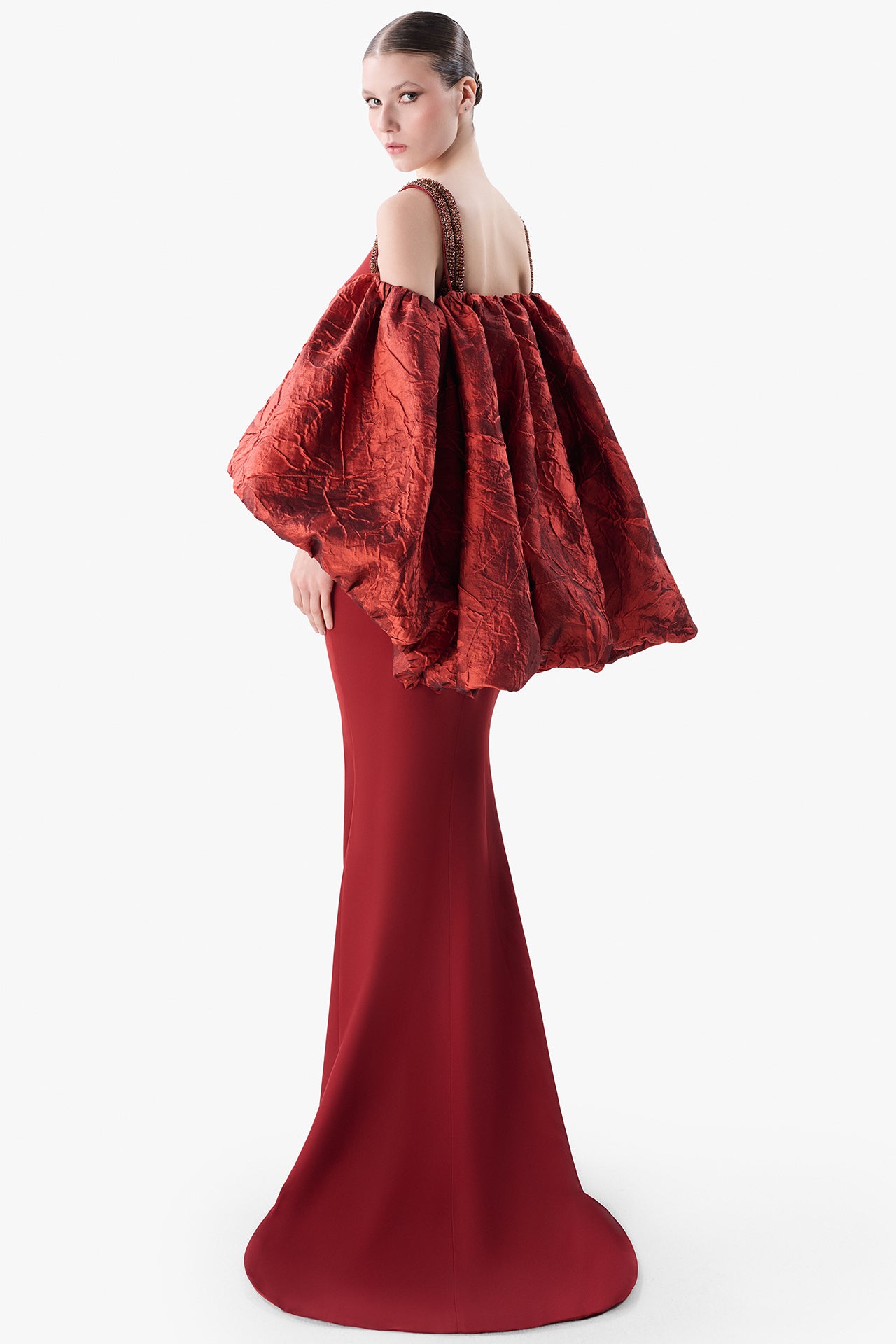 Beaded Column Gown with Jacquard Sleeves