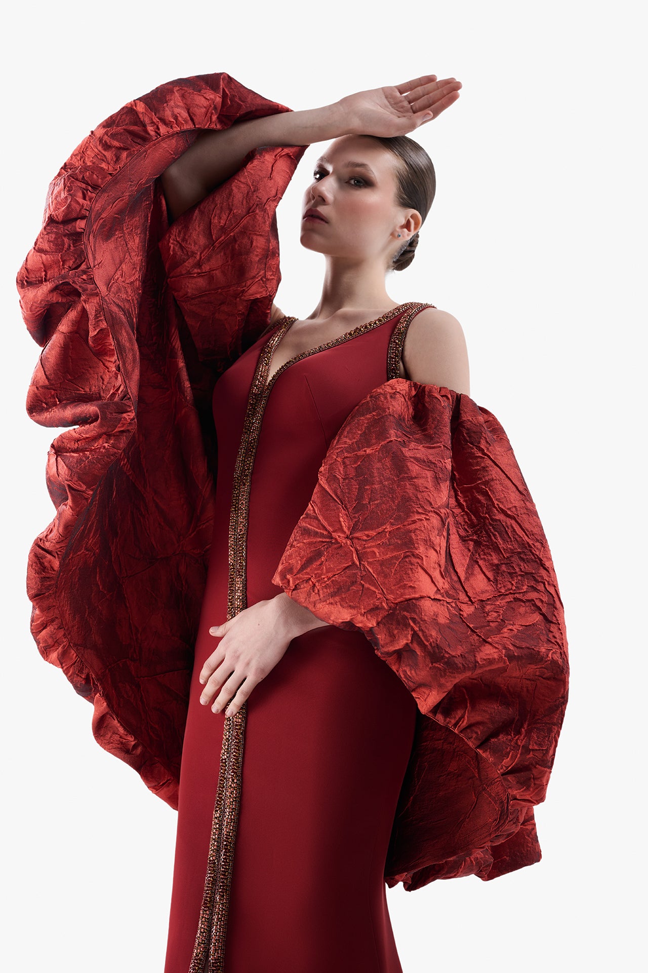 Beaded Column Gown with Jacquard Sleeves