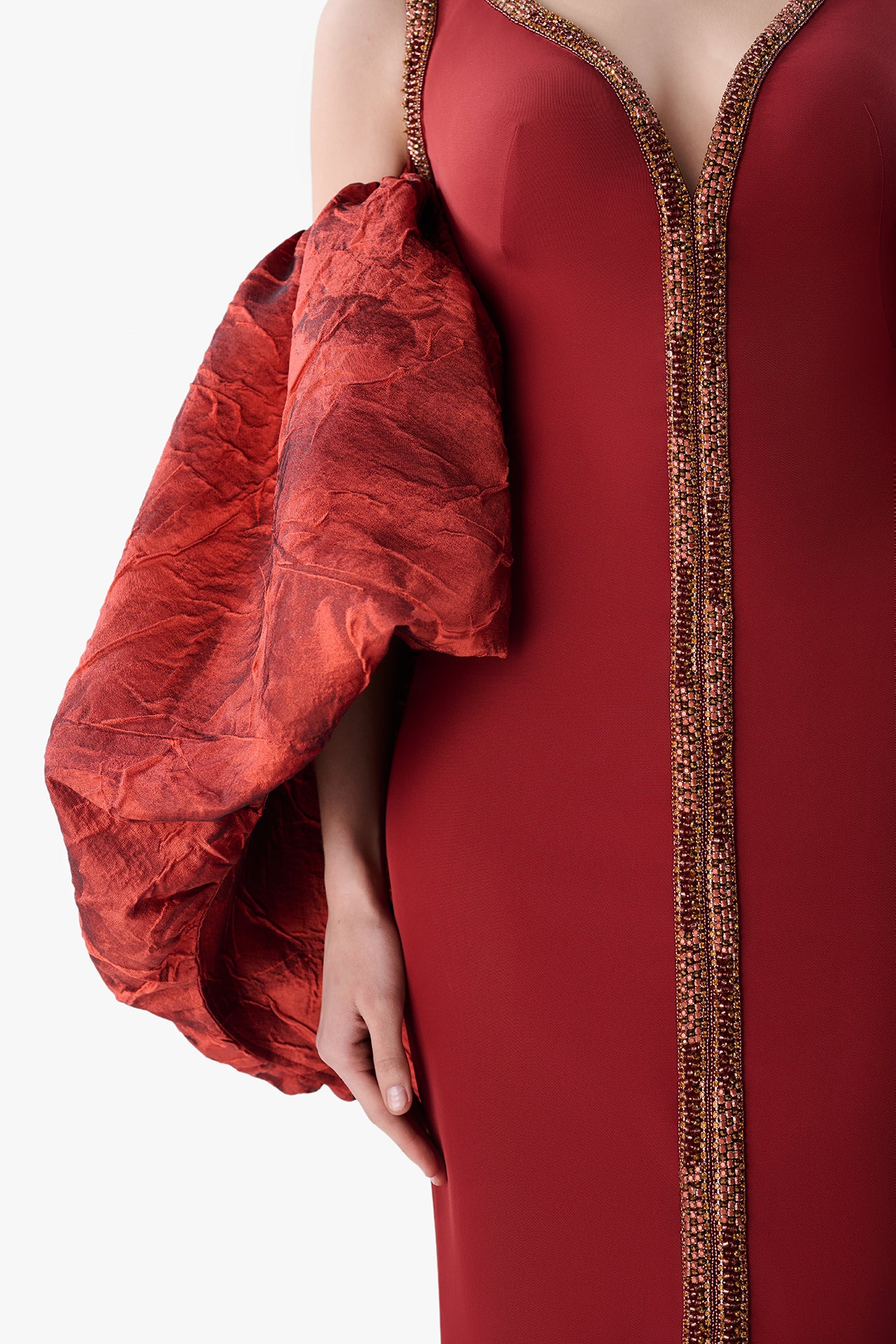Beaded Column Gown with Jacquard Sleeves