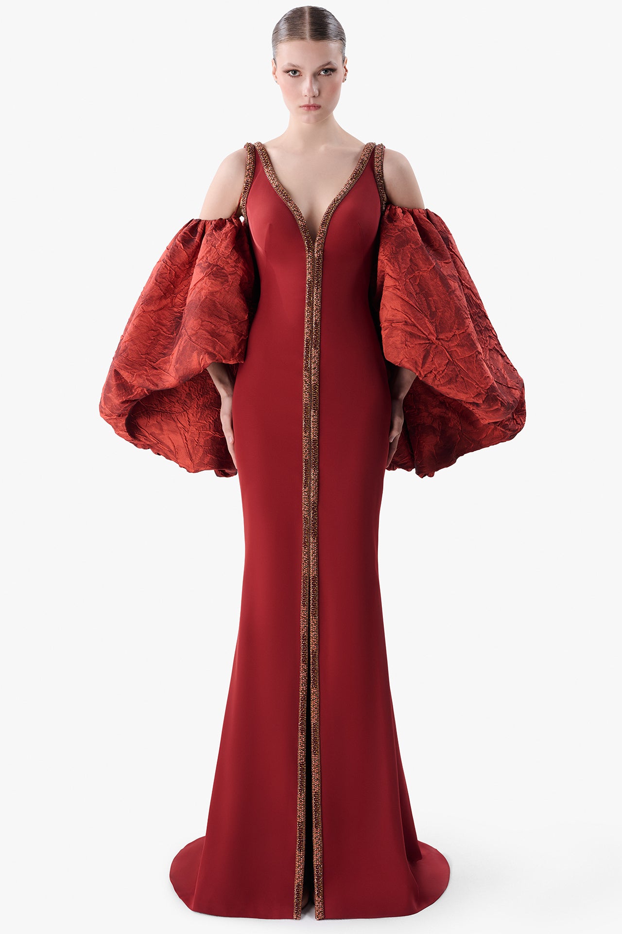 Beaded Column Gown with Jacquard Sleeves