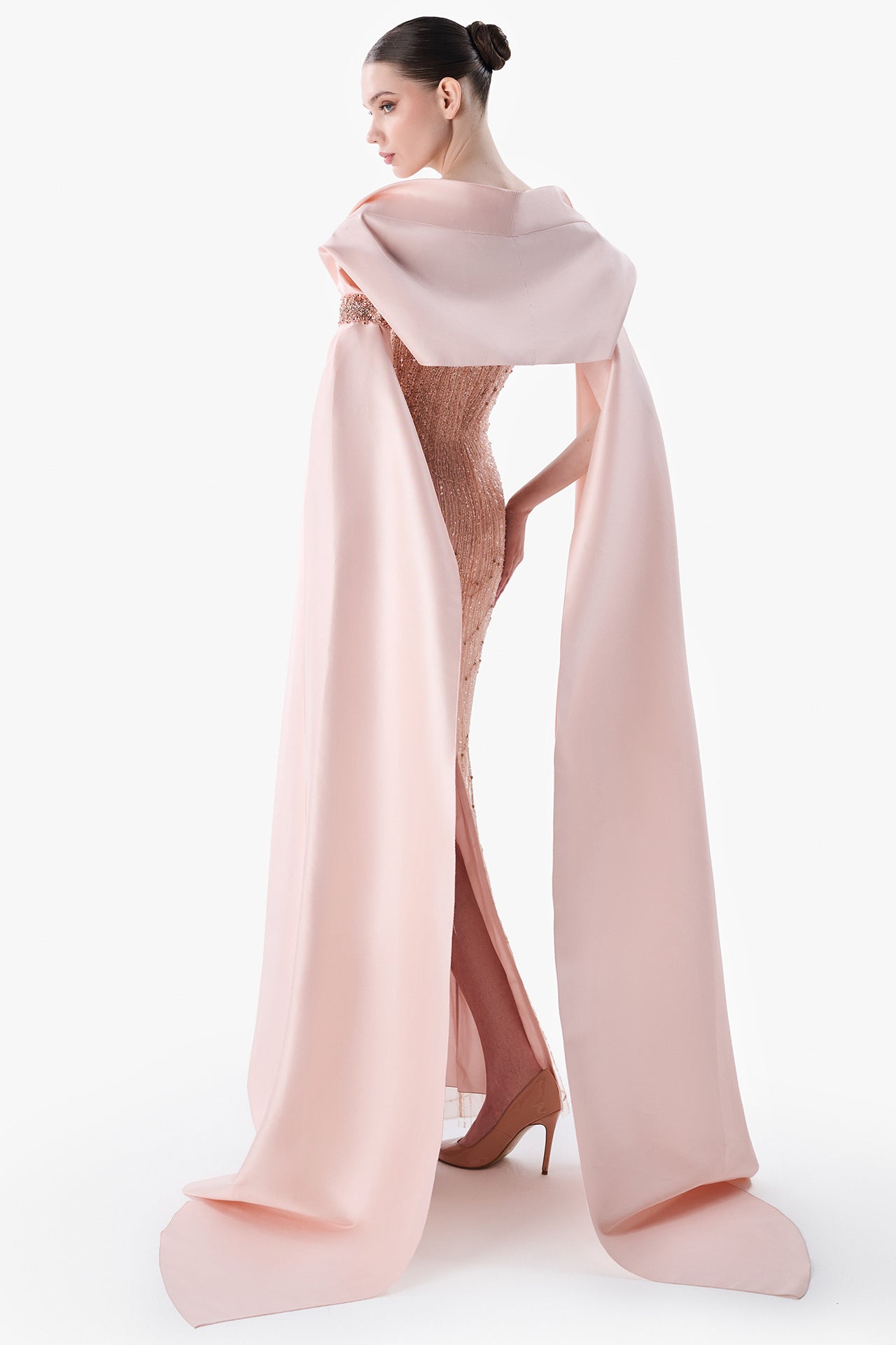 Embroidered Column Gown with Draped Sleeve Cape