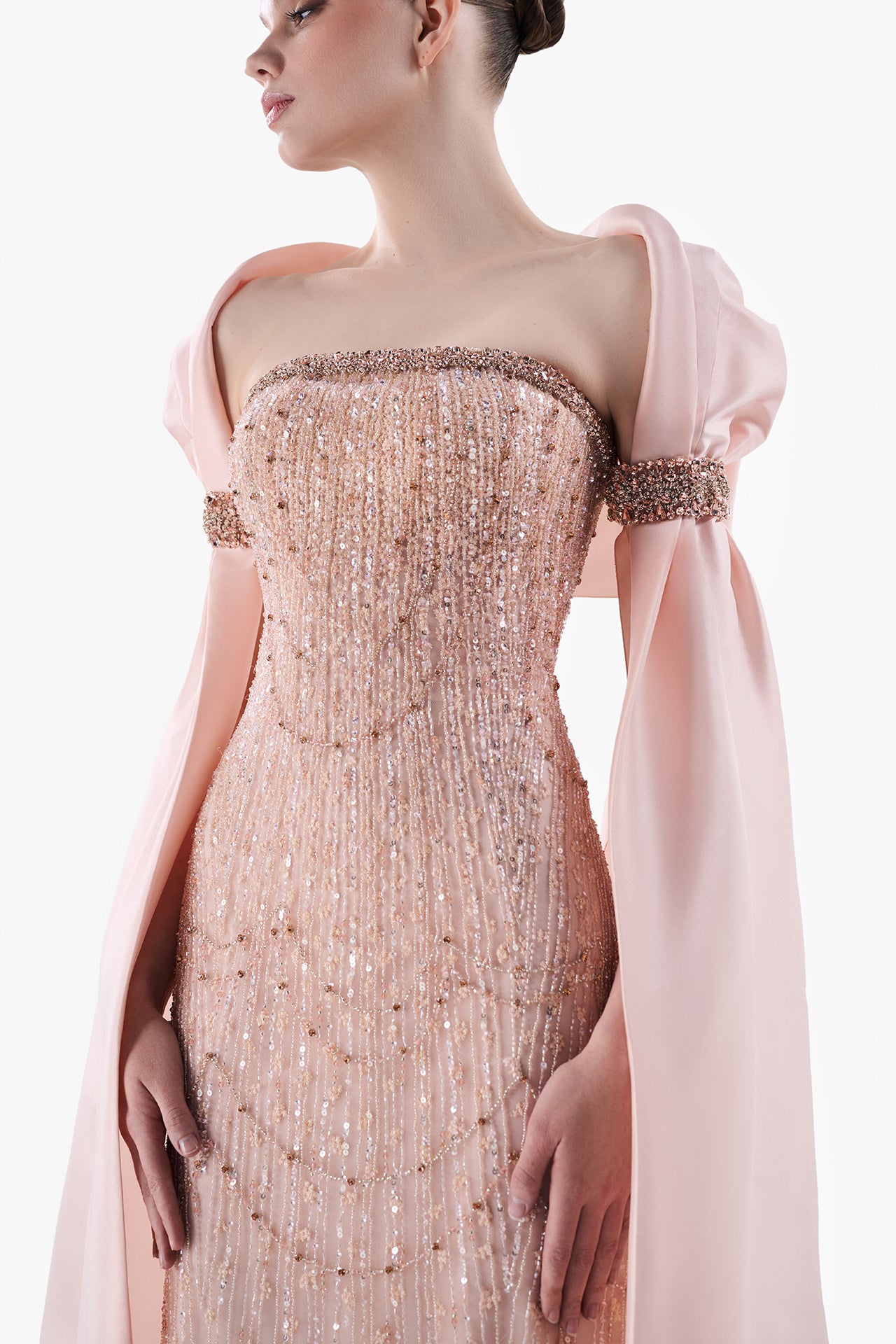 Embroidered Column Gown with Draped Sleeve Cape
