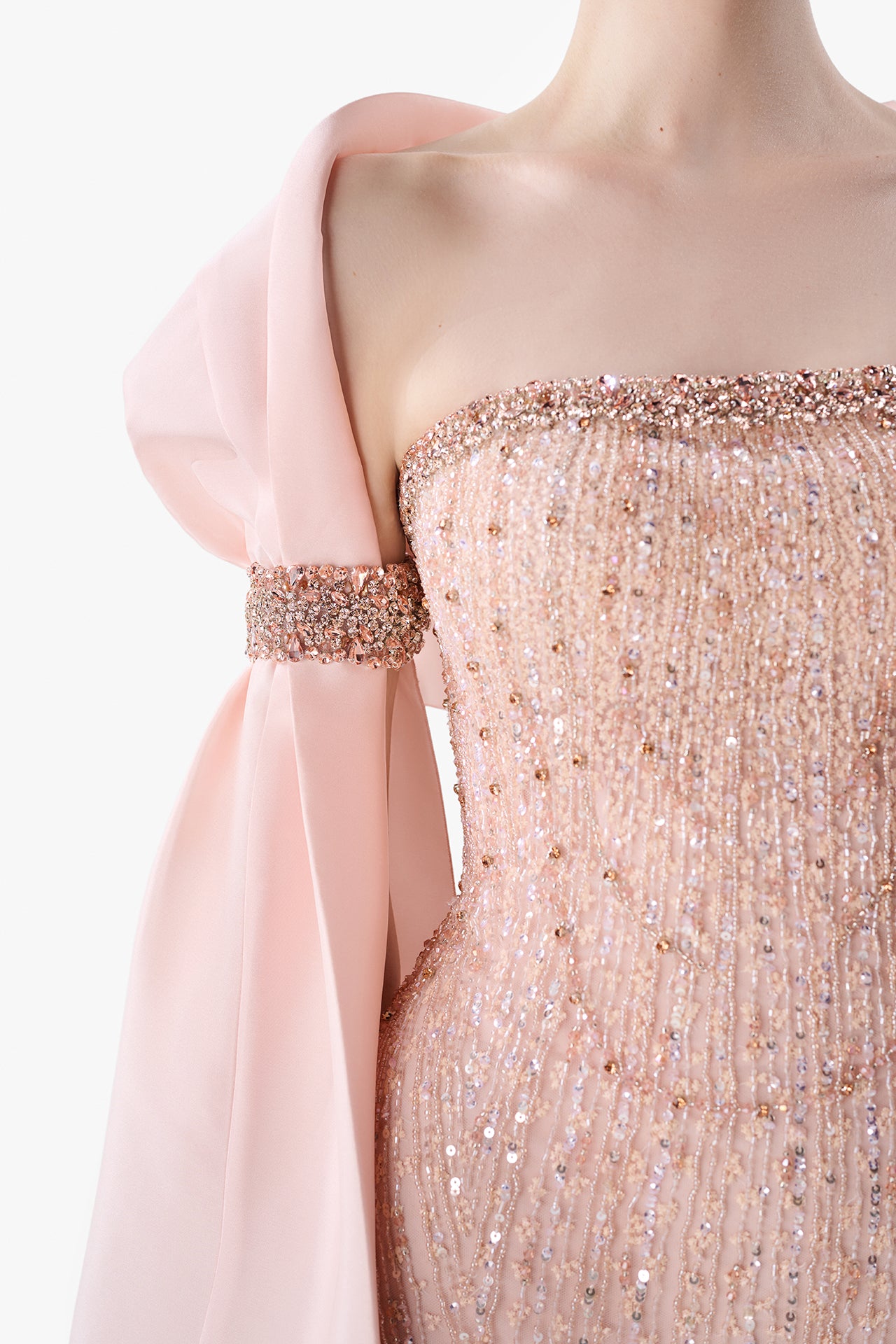 Embroidered Column Gown with Draped Sleeve Cape
