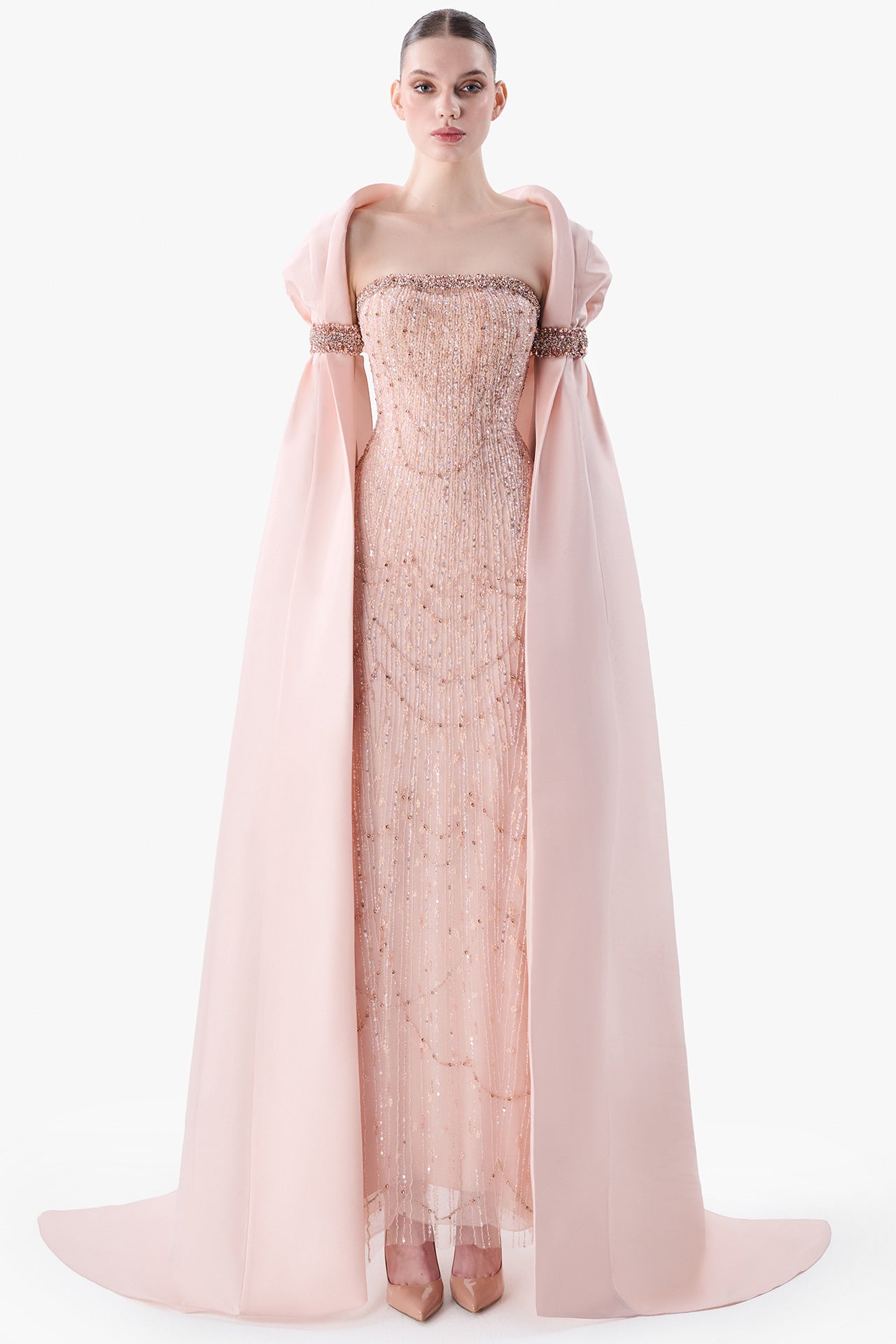 Embroidered Column Gown with Draped Sleeve Cape