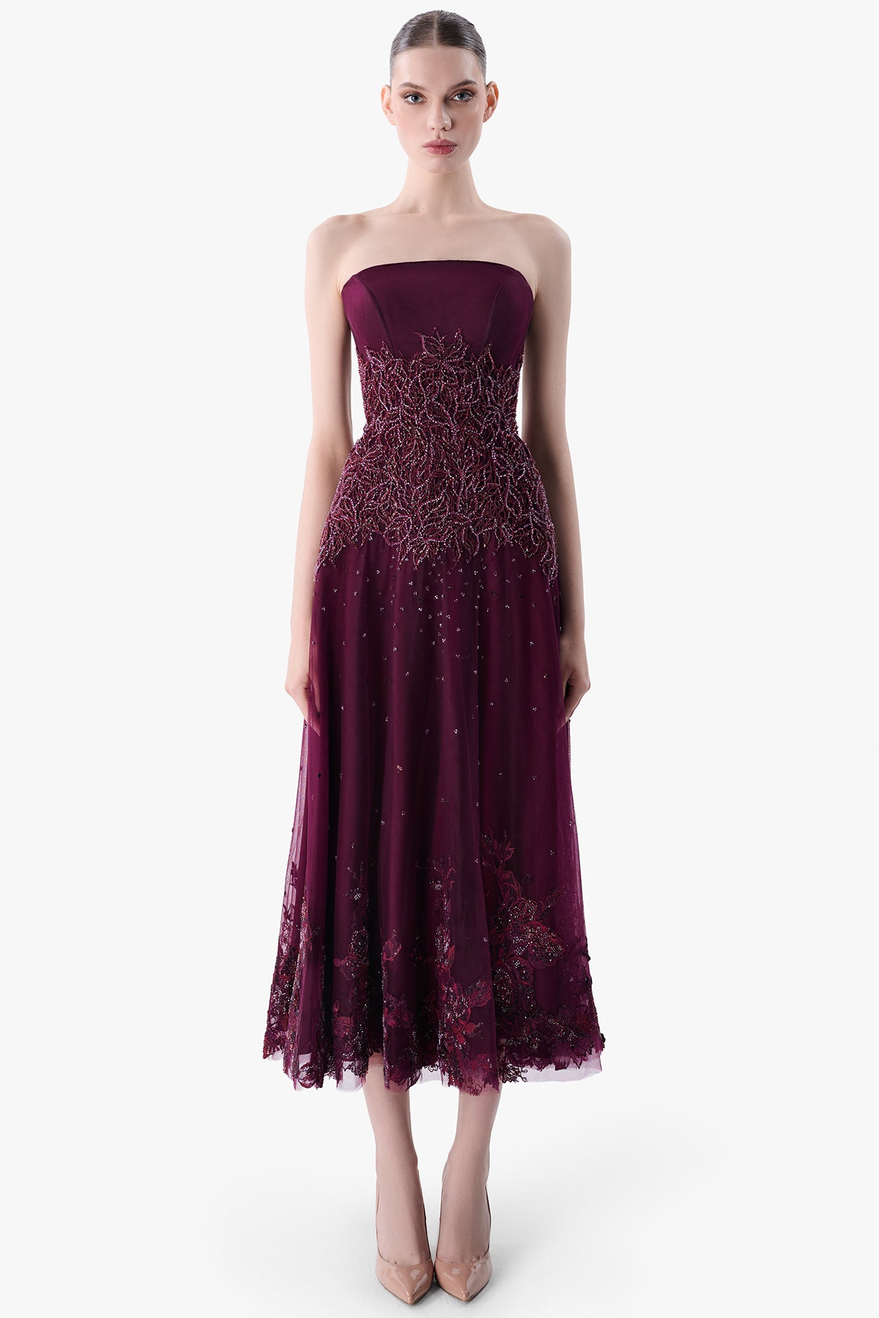Strapless Tulle Dress with Guipure Embroidery