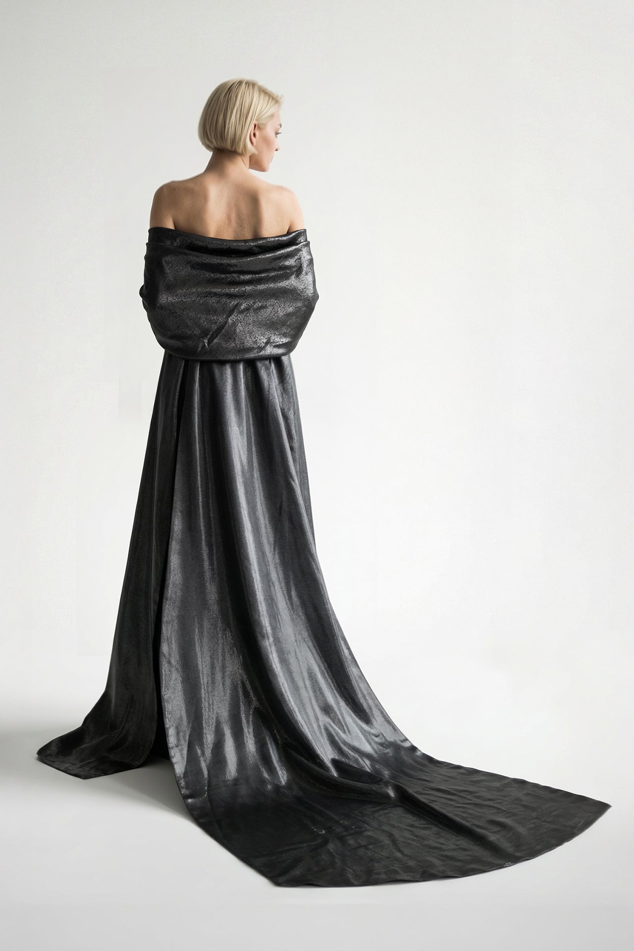 Anthracite Lamé Swarovski Gown with Removable Bow Cape