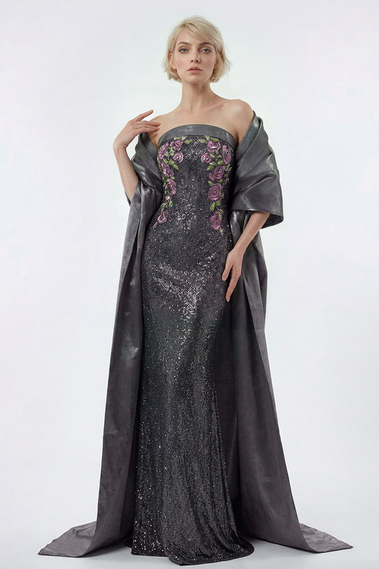 Anthracite Lamé Swarovski Gown with Removable Bow Cape