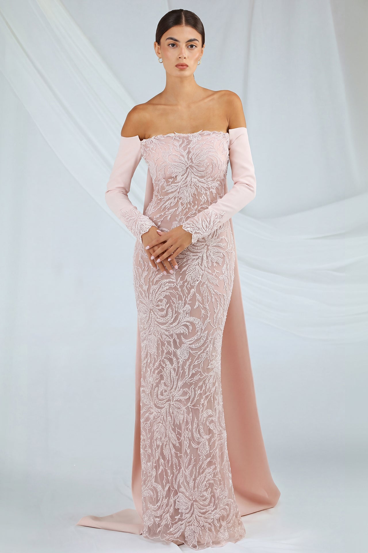 Off-Shoulder Embroidered Dress with Cape