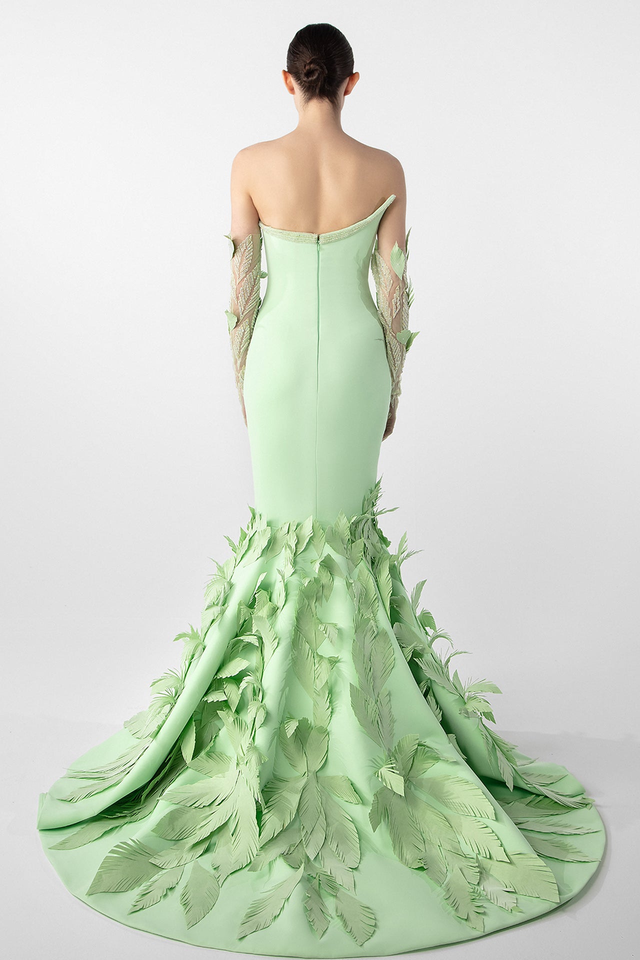 Light Mint Mermaid Gown with Laser-Cut Taffeta Feathers