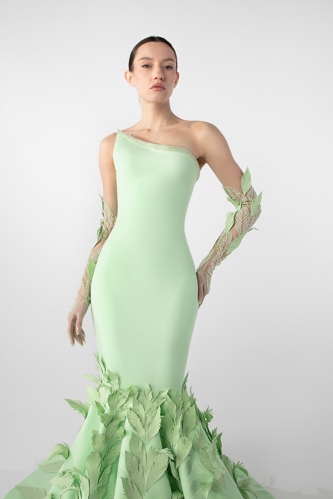 Light Mint Mermaid Gown with Laser-Cut Taffeta Feathers