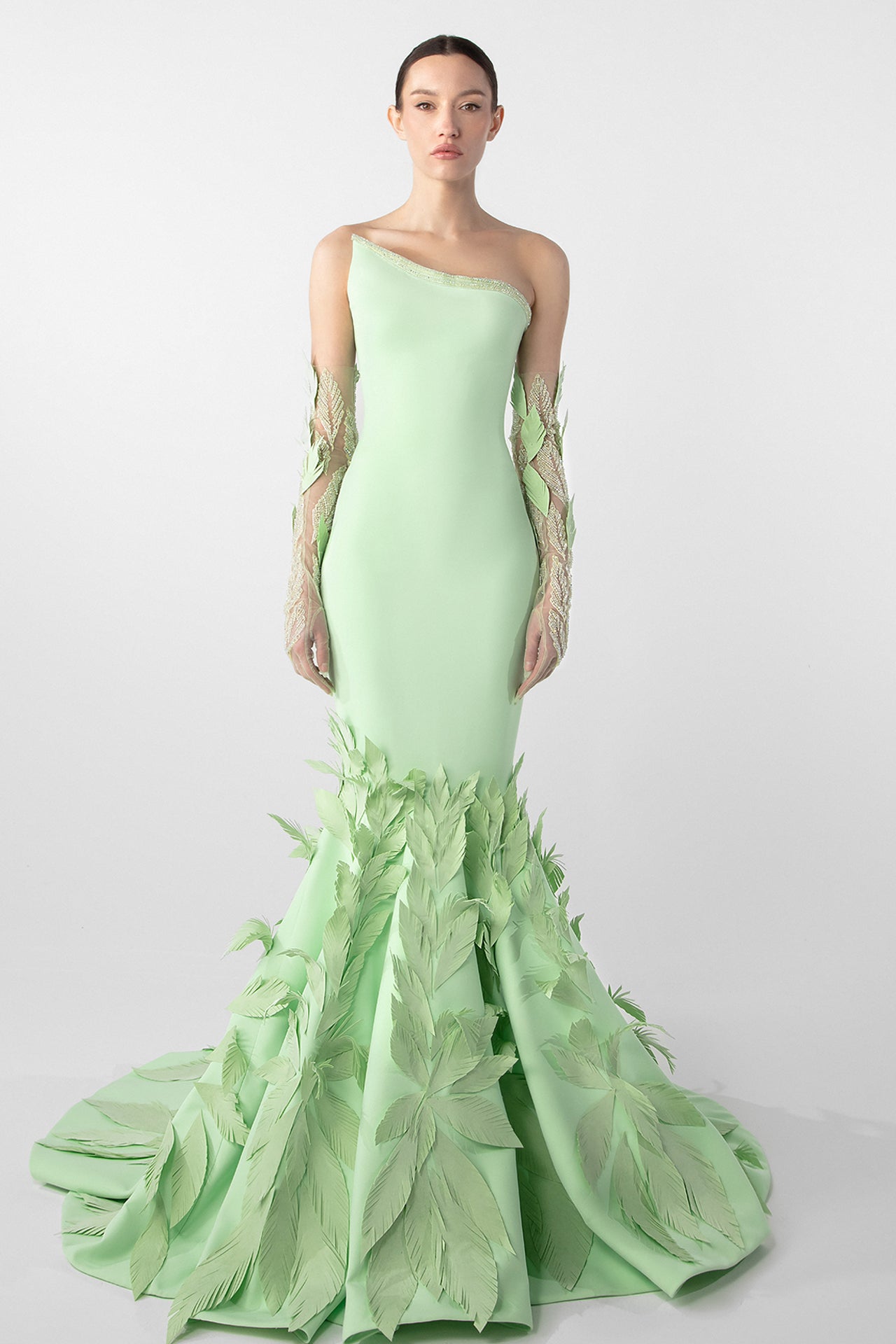 Light Mint Mermaid Gown with Laser-Cut Taffeta Feathers