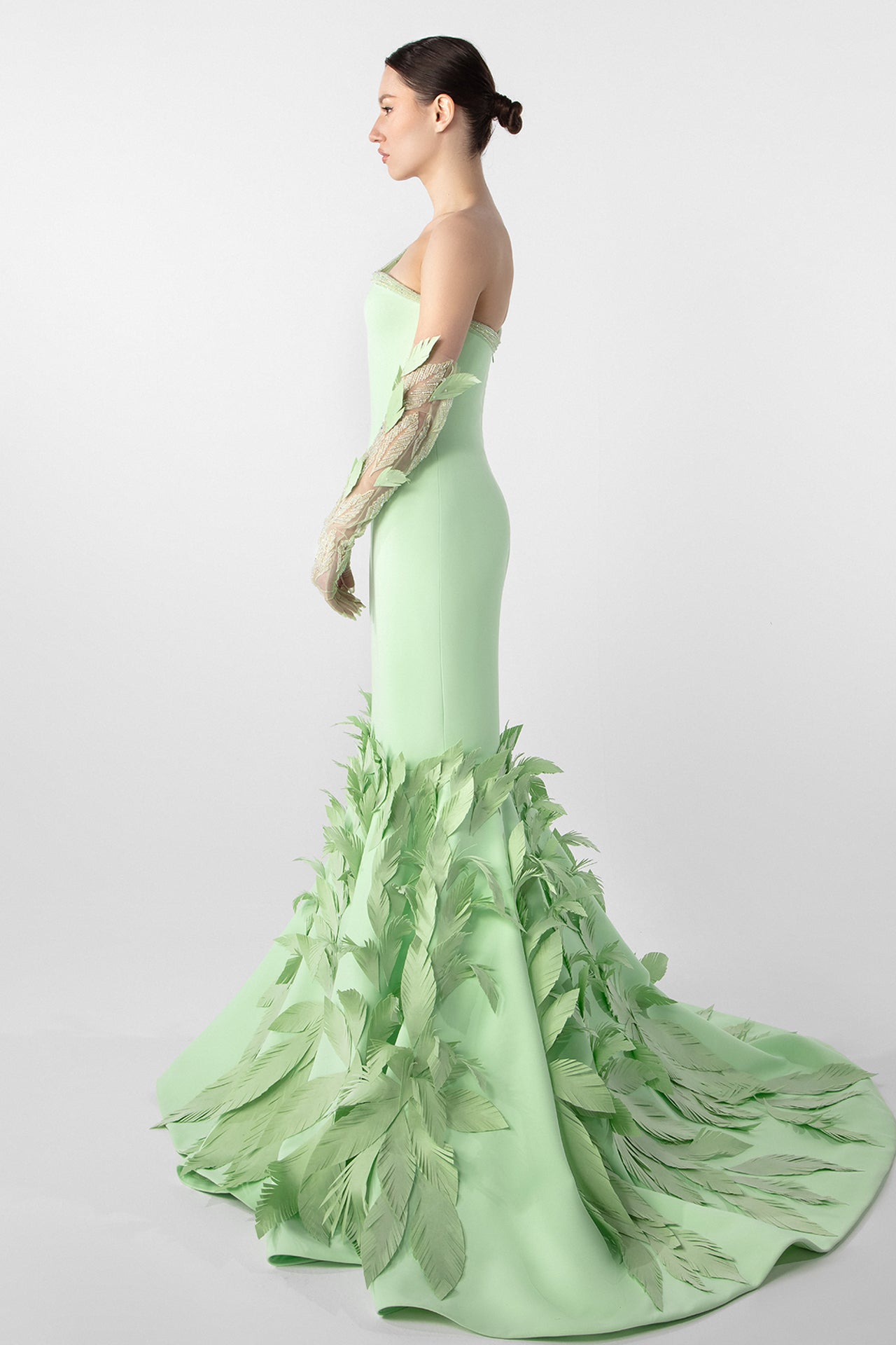 Light Mint Mermaid Gown with Laser-Cut Taffeta Feathers
