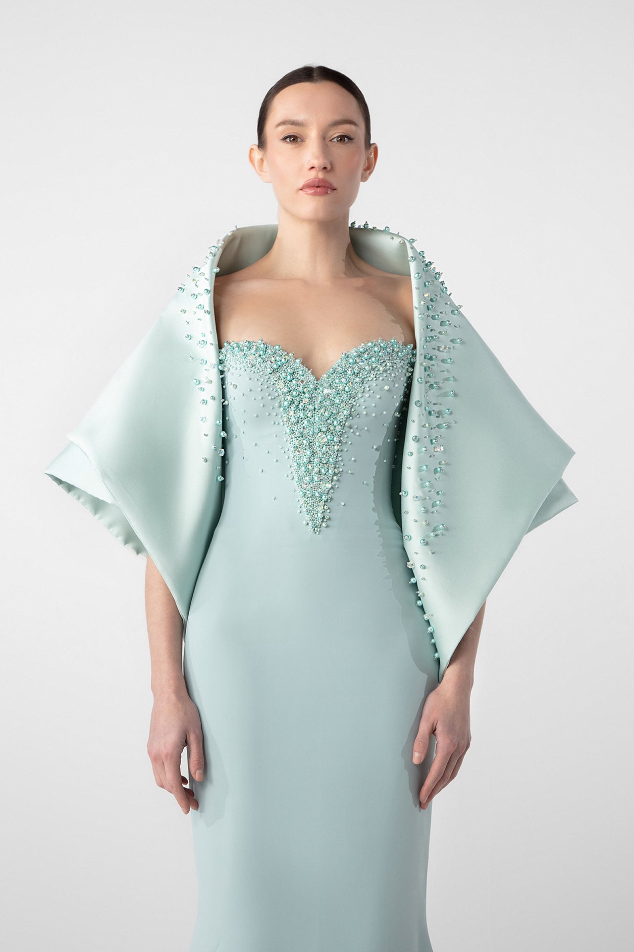 Fitted Mermaid Dress with Embroidered Cape