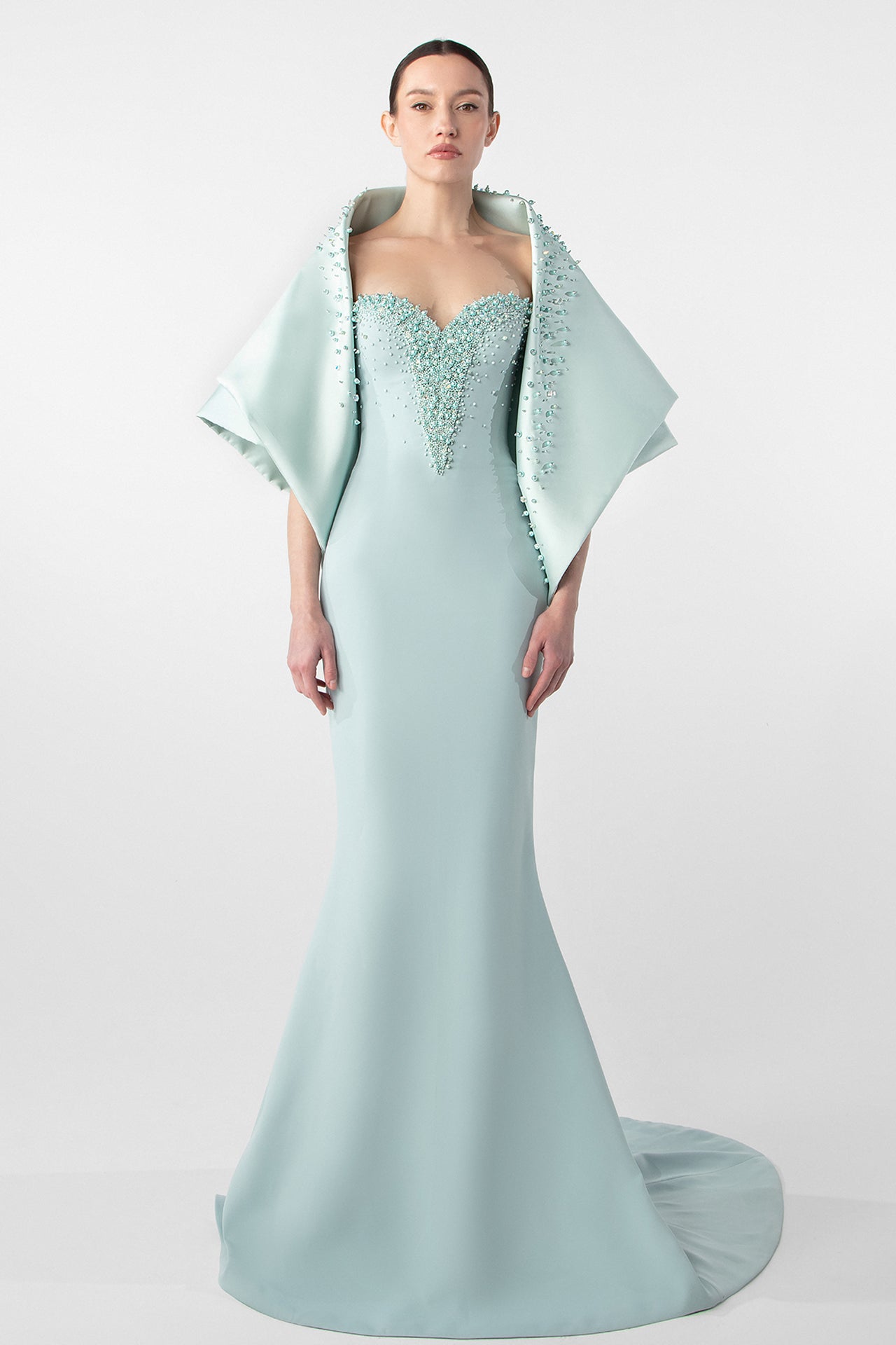 Fitted Mermaid Dress with Embroidered Cape