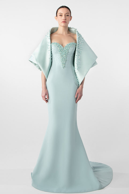 Fitted Mermaid Dress with Embroidered Cape