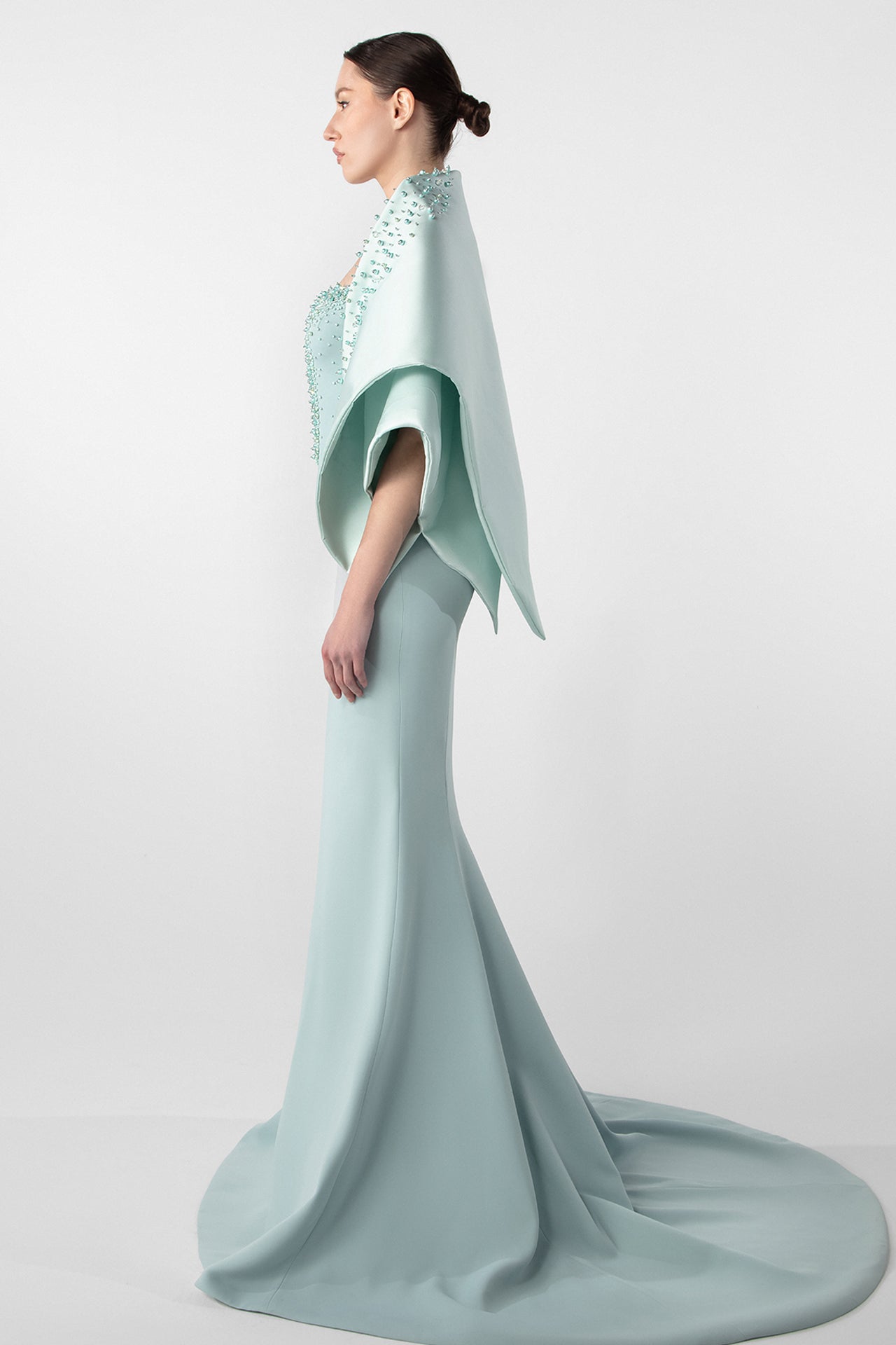 Fitted Mermaid Dress with Embroidered Cape