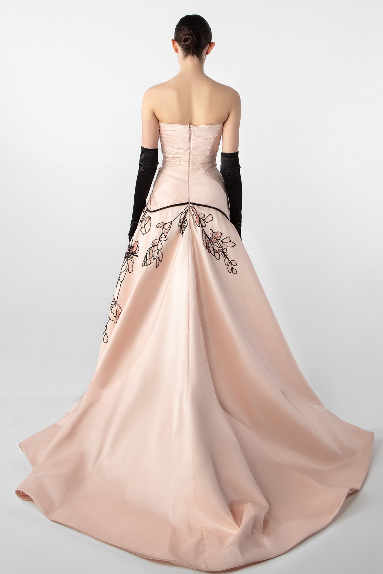 Strapless Draped Gown with Embroidered Skirt
