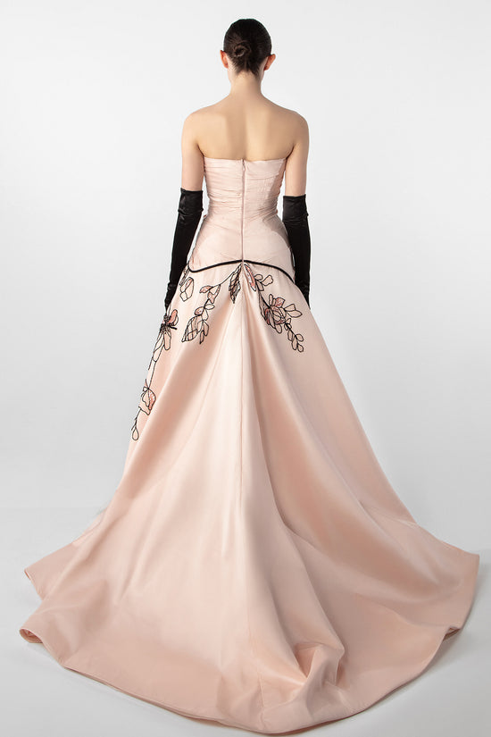 Strapless Draped Gown with Embroidered Skirt