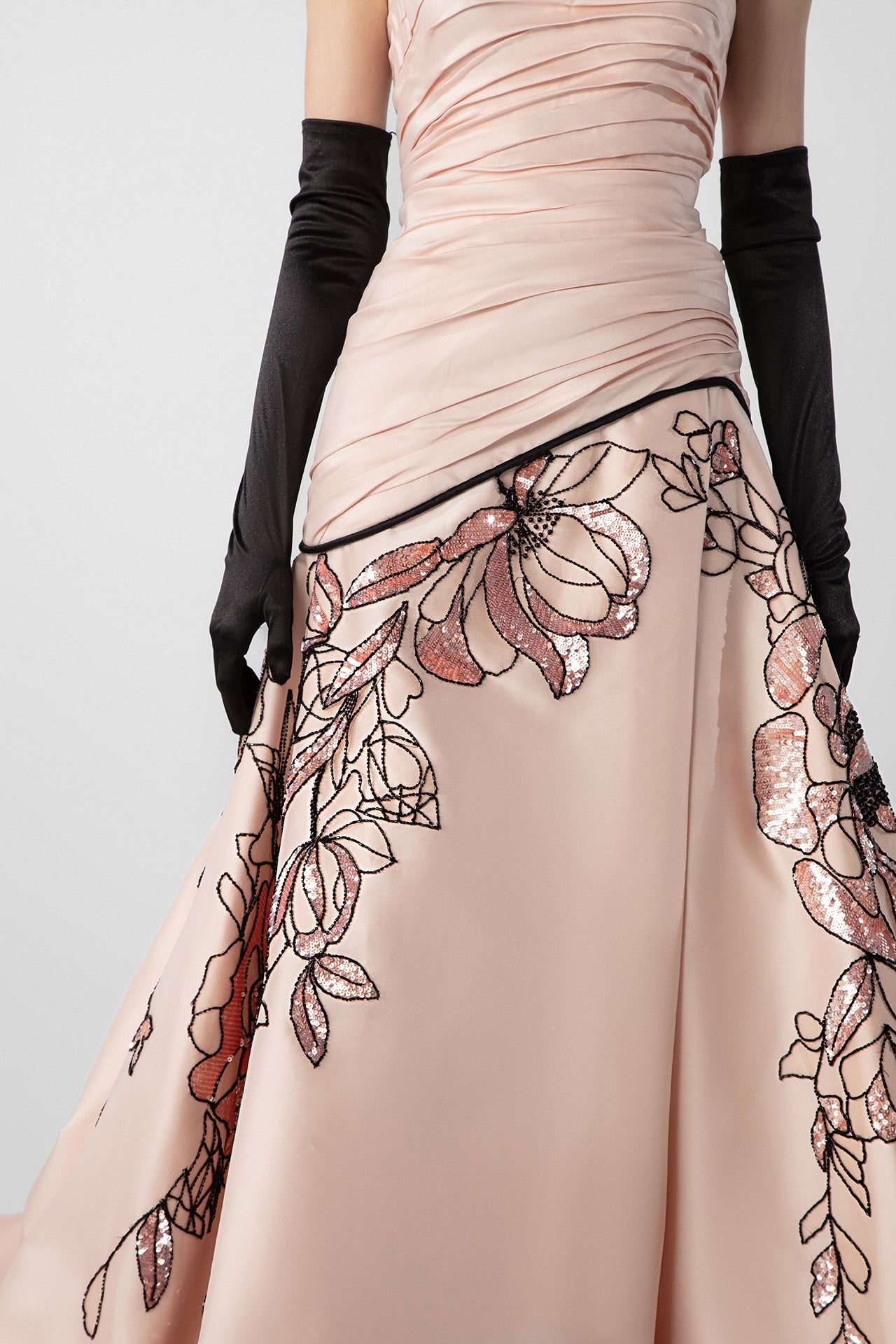 Strapless Draped Gown with Embroidered Skirt