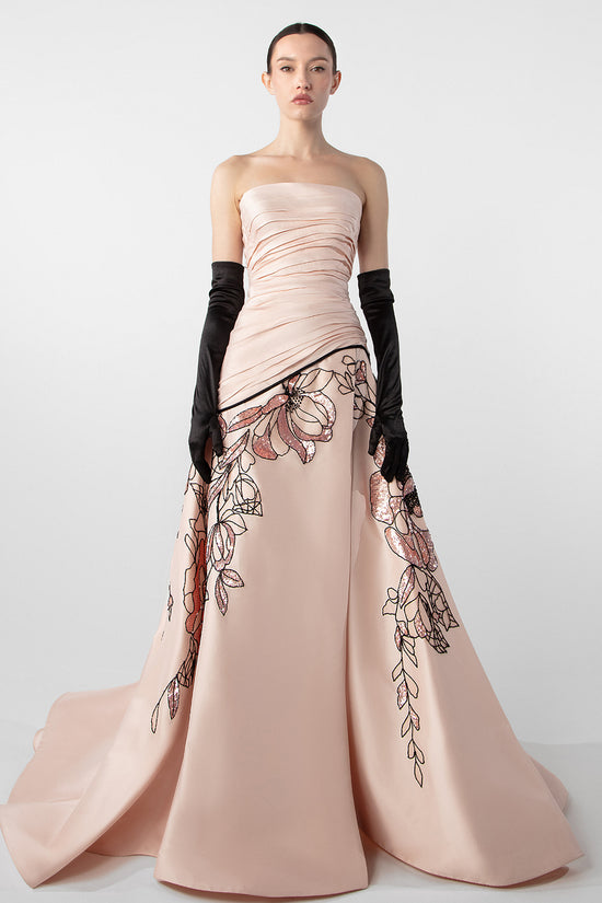 Strapless Draped Gown with Embroidered Skirt