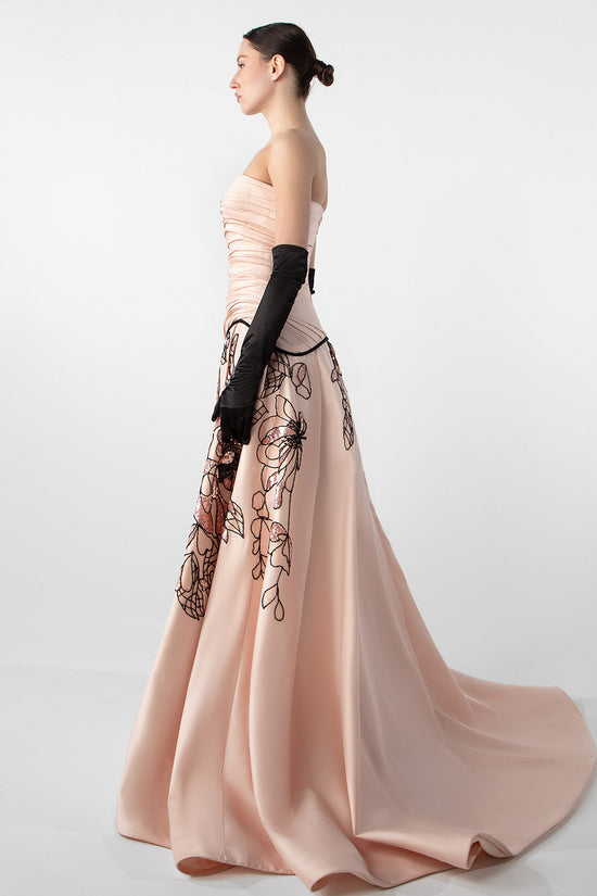 Strapless Draped Gown with Embroidered Skirt