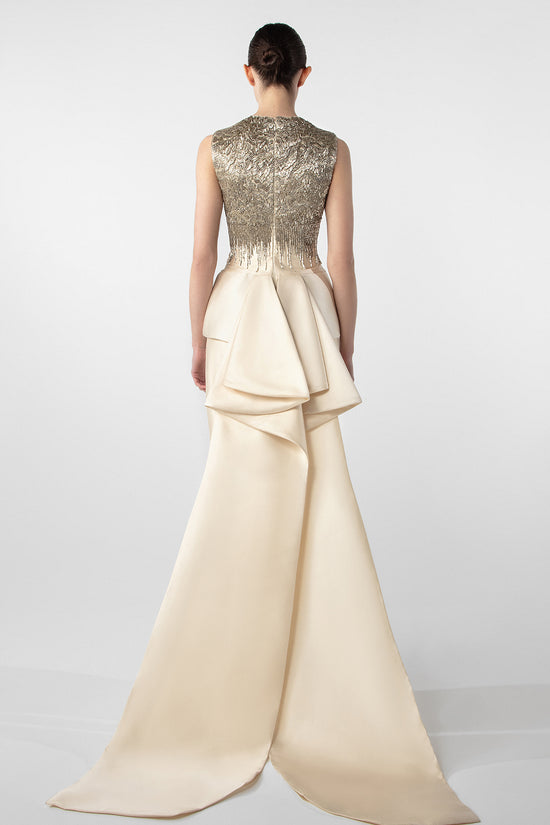 Two-Piece Column Dress with Hand-Embroidered Peplum