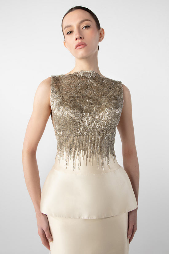 Two-Piece Column Dress with Hand-Embroidered Peplum