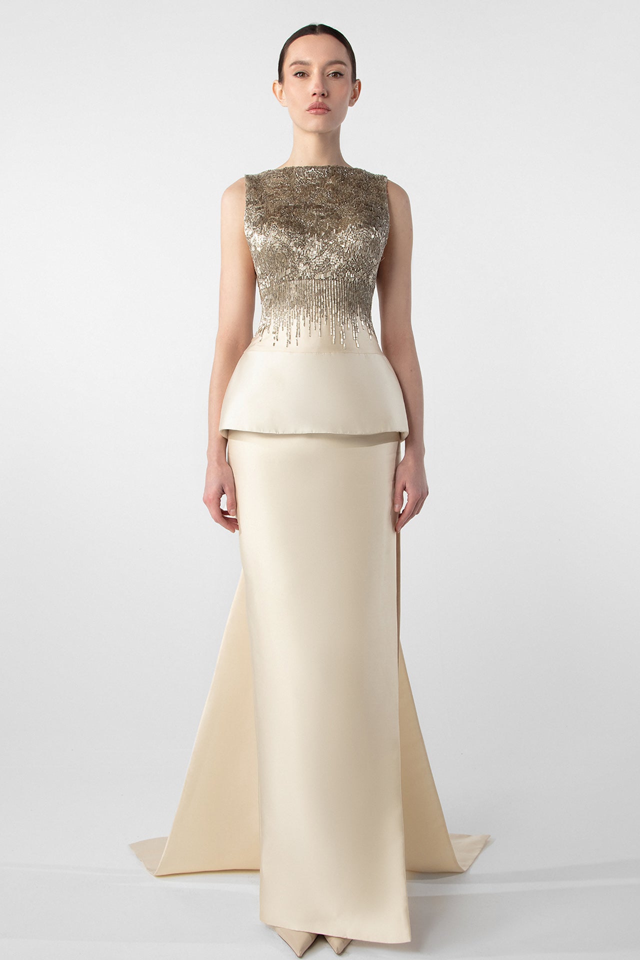 Two-Piece Column Dress with Hand-Embroidered Peplum
