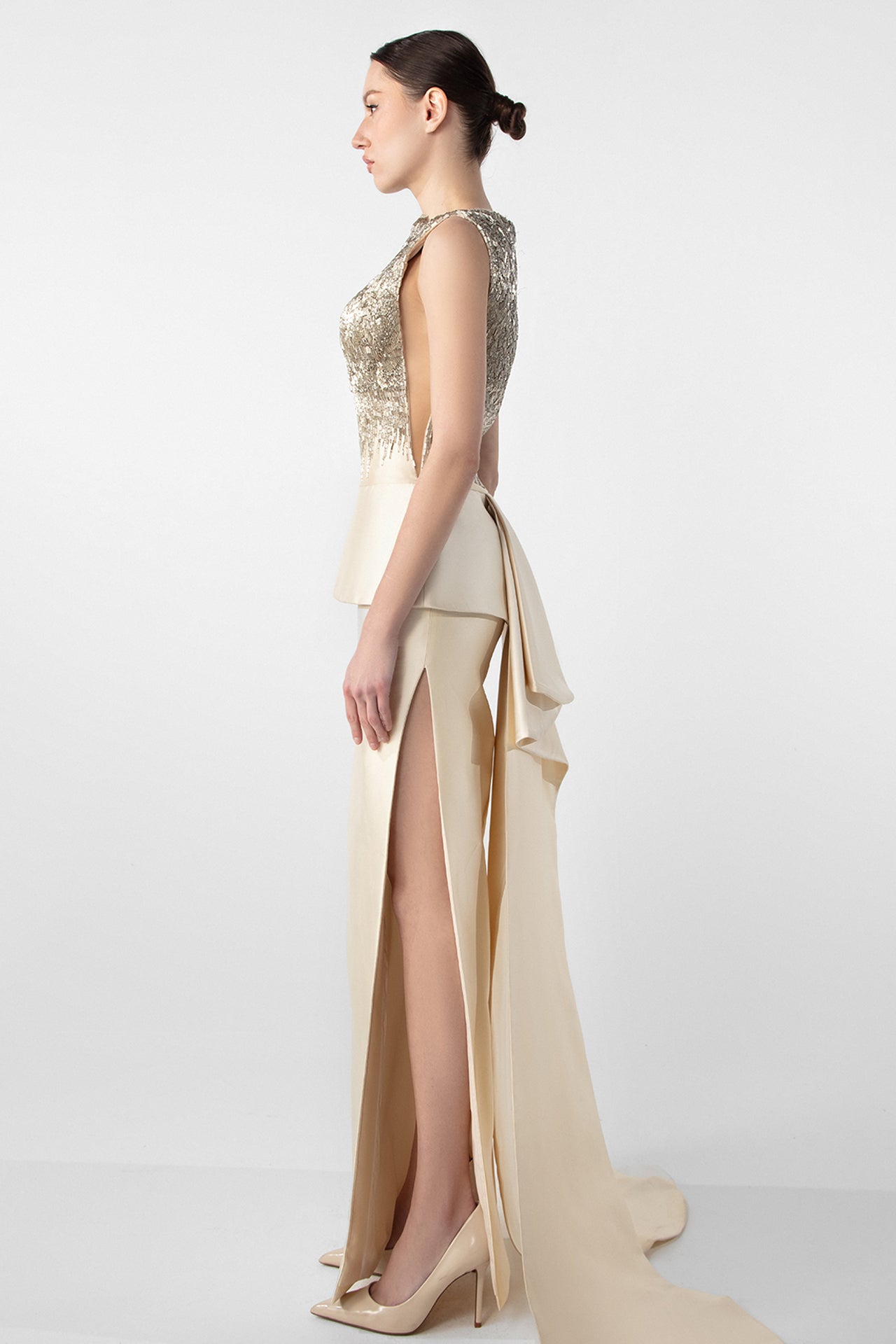 Two-Piece Column Dress with Hand-Embroidered Peplum