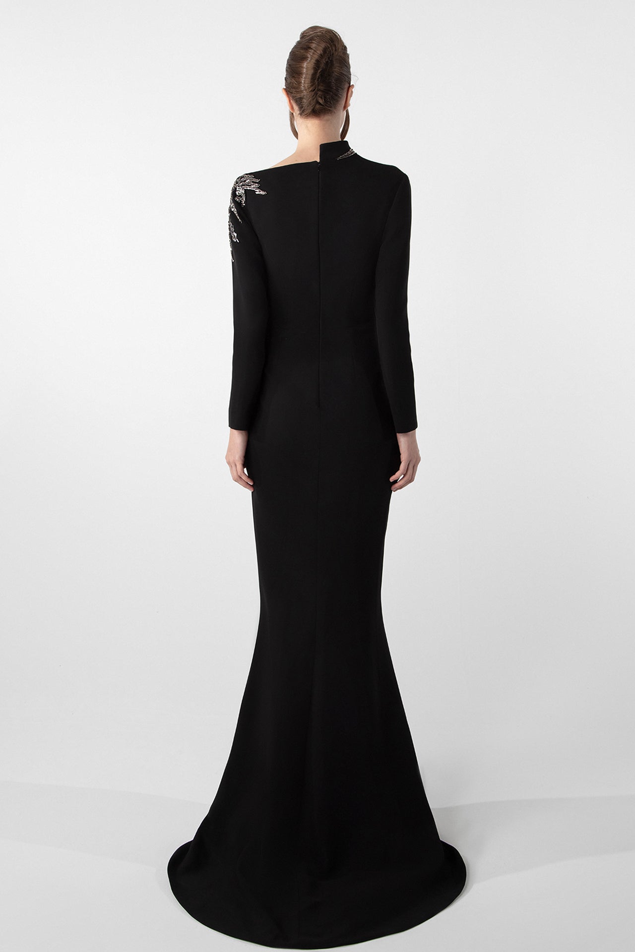 Embroidered Pearl and Bead Crepe Dress with Asymmetrical Cut