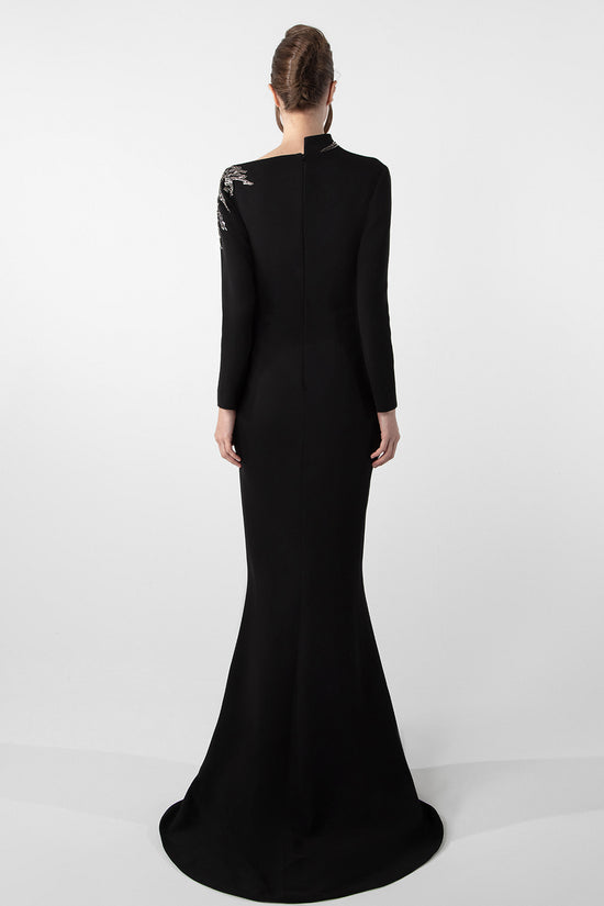 Embroidered Pearl and Bead Crepe Dress with Asymmetrical Cut