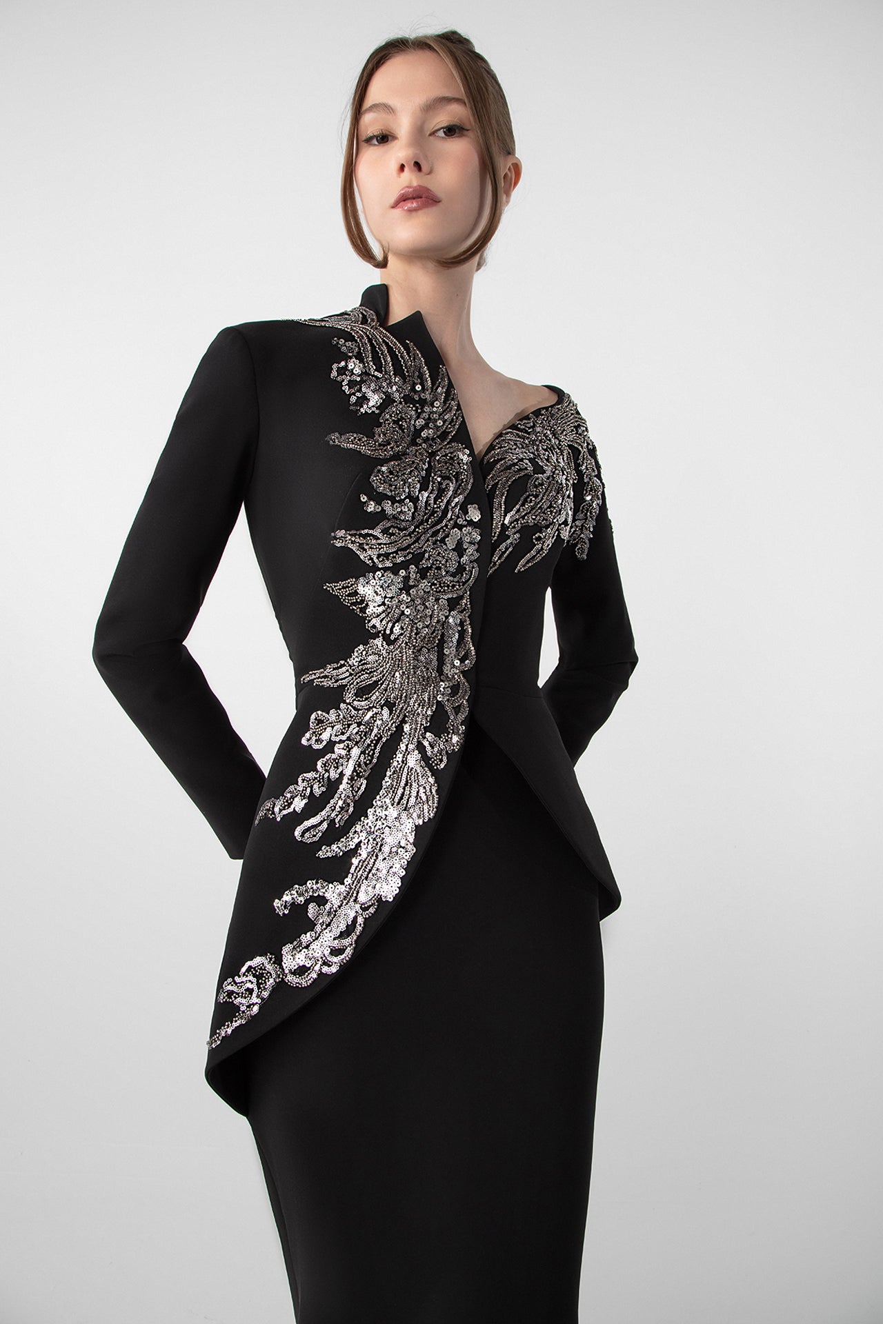 Embroidered Pearl and Bead Crepe Dress with Asymmetrical Cut