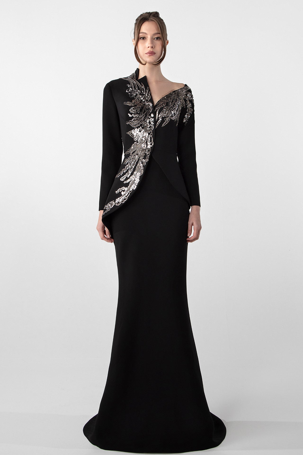 Embroidered Pearl and Bead Crepe Dress with Asymmetrical Cut