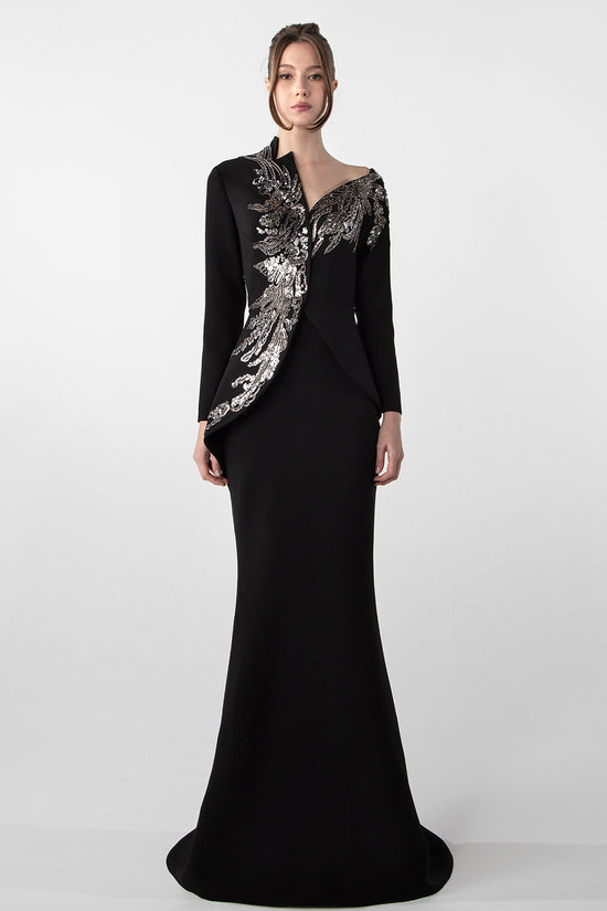Embroidered Pearl and Bead Crepe Dress with Asymmetrical Cut