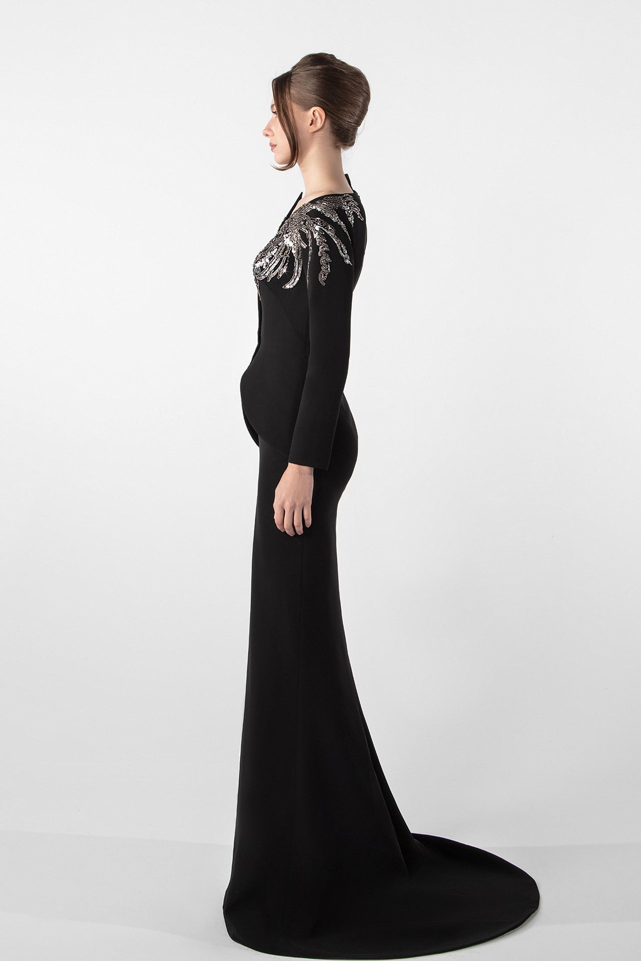 Embroidered Pearl and Bead Crepe Dress with Asymmetrical Cut