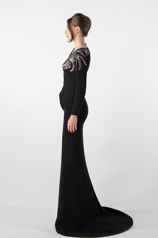 Embroidered Pearl and Bead Crepe Dress with Asymmetrical Cut