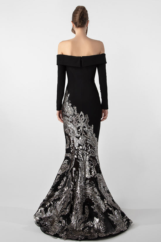 Off-Shoulder Crepe Gown with Beaded Embroidery