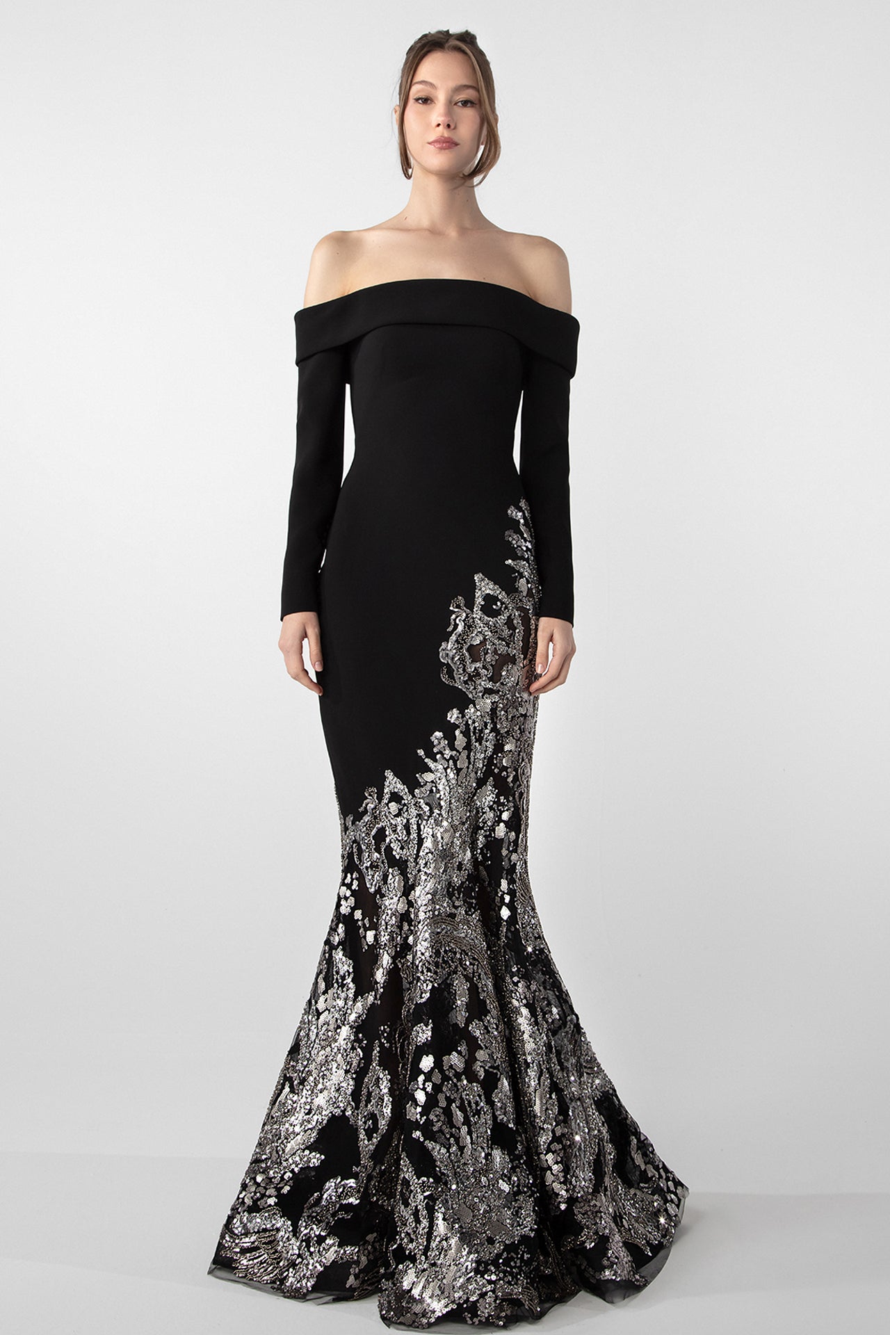 Off-Shoulder Crepe Gown with Beaded Embroidery