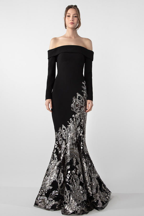 Off-Shoulder Crepe Gown with Beaded Embroidery