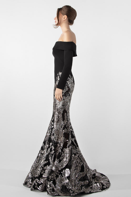 Off-Shoulder Crepe Gown with Beaded Embroidery