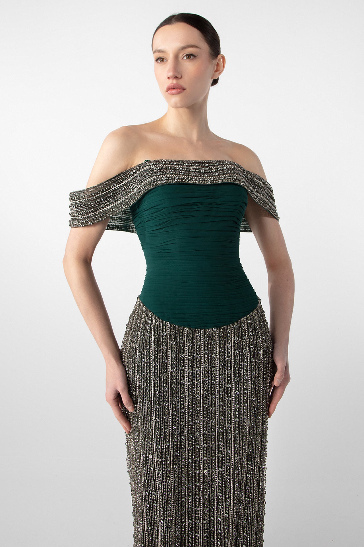 Hand-Embroidered Off-Shoulder Gown
