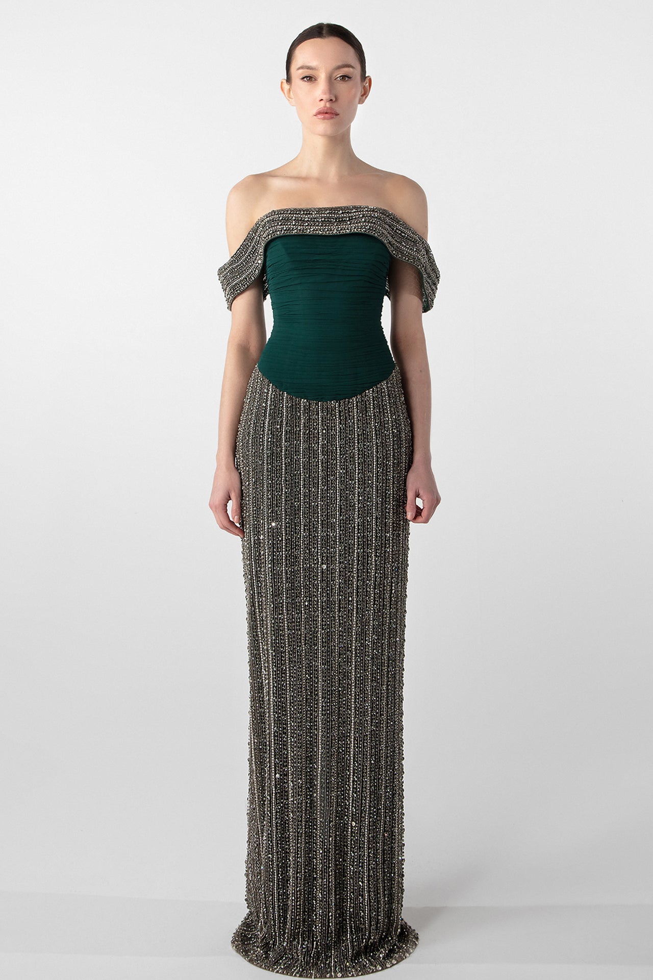 Hand-Embroidered Off-Shoulder Gown