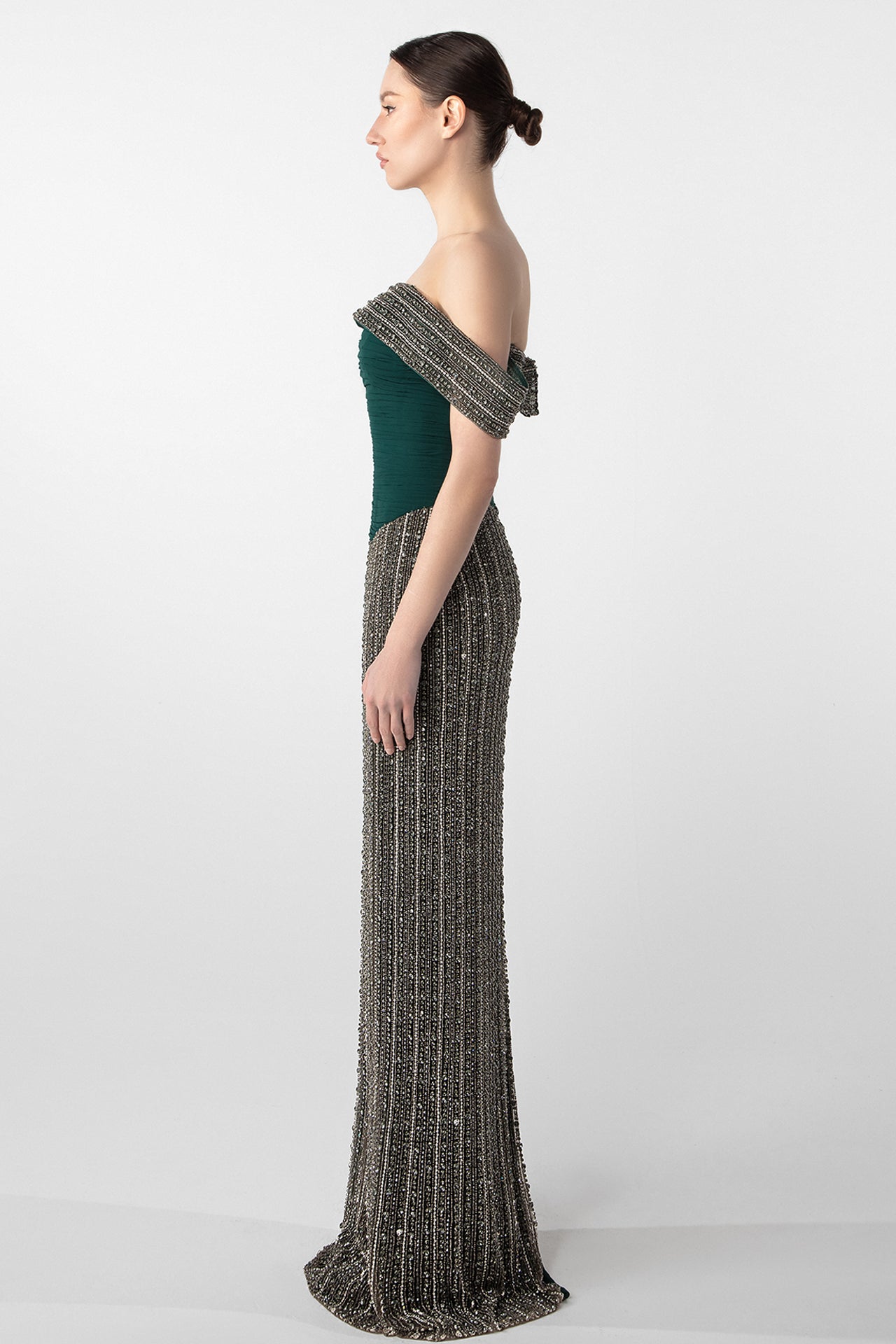 Hand-Embroidered Off-Shoulder Gown