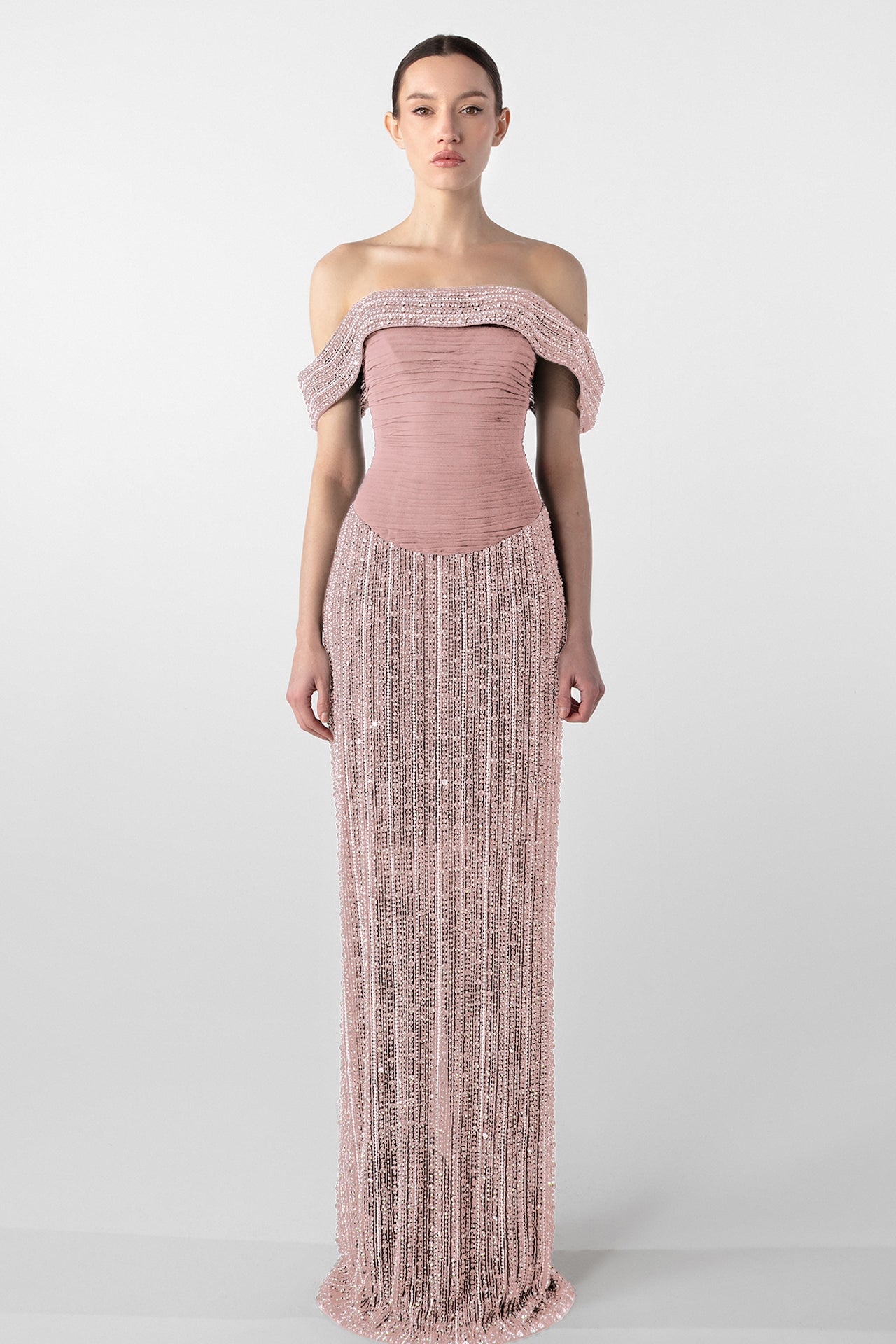 Hand-Embroidered Off-Shoulder Gown