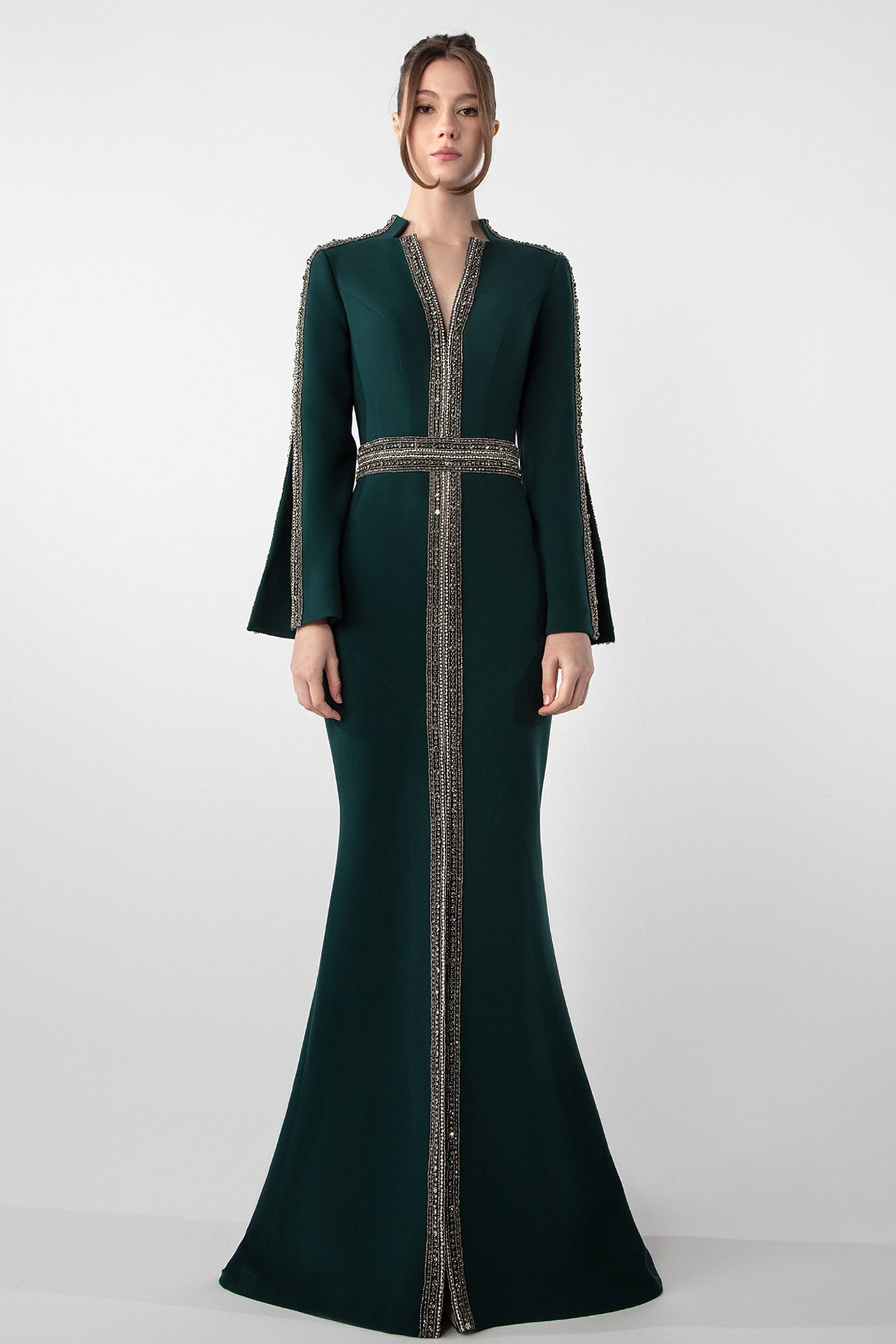 Long-Sleeve Embroidered Gown