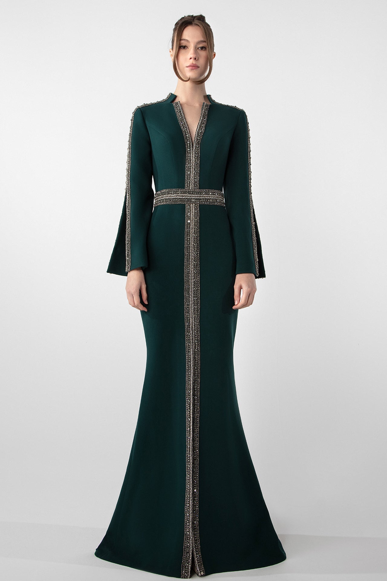 Long-Sleeve Embroidered Gown