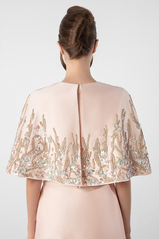 Plunging Neckline Dress with Embroidered Cape