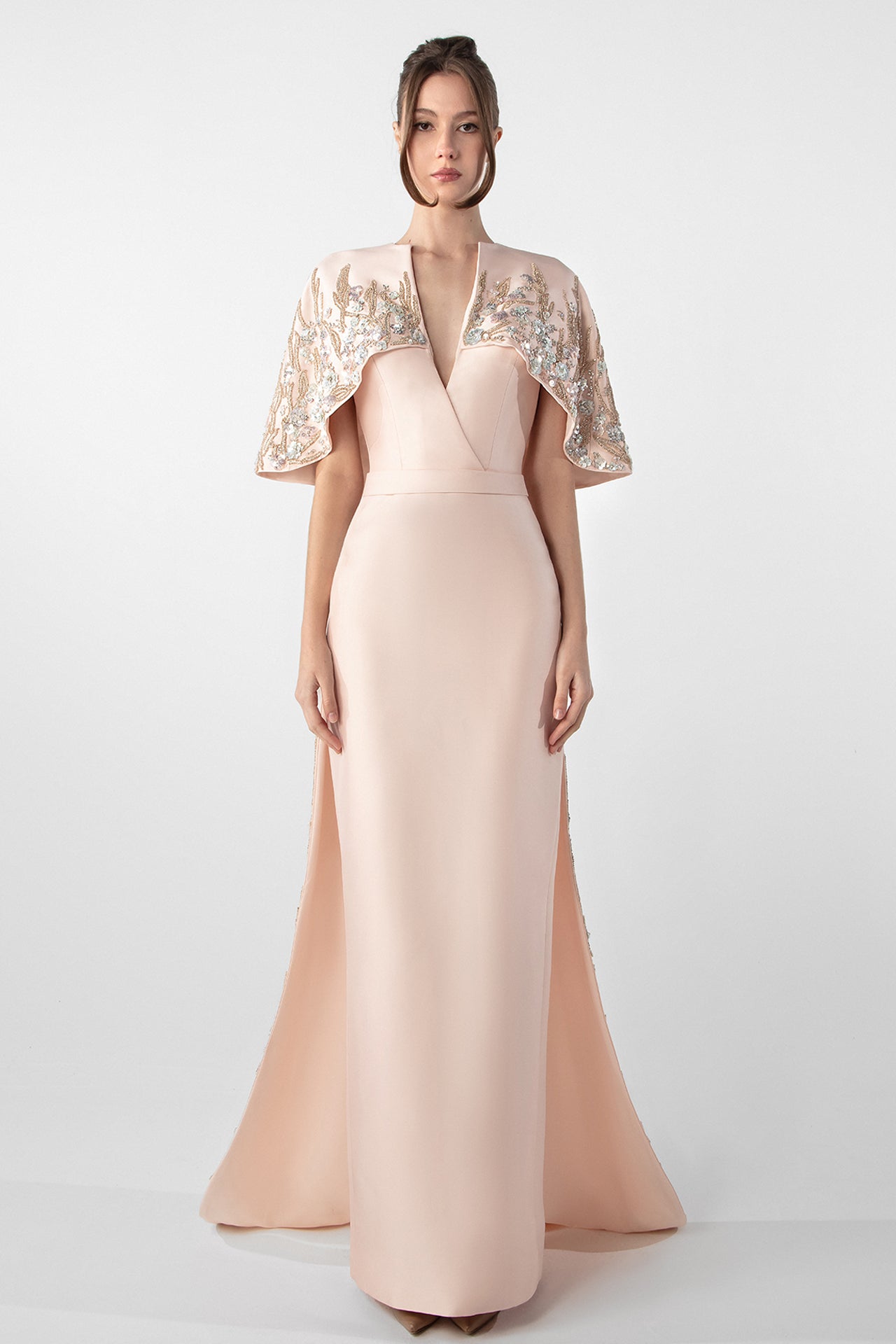 Plunging Neckline Dress with Embroidered Cape