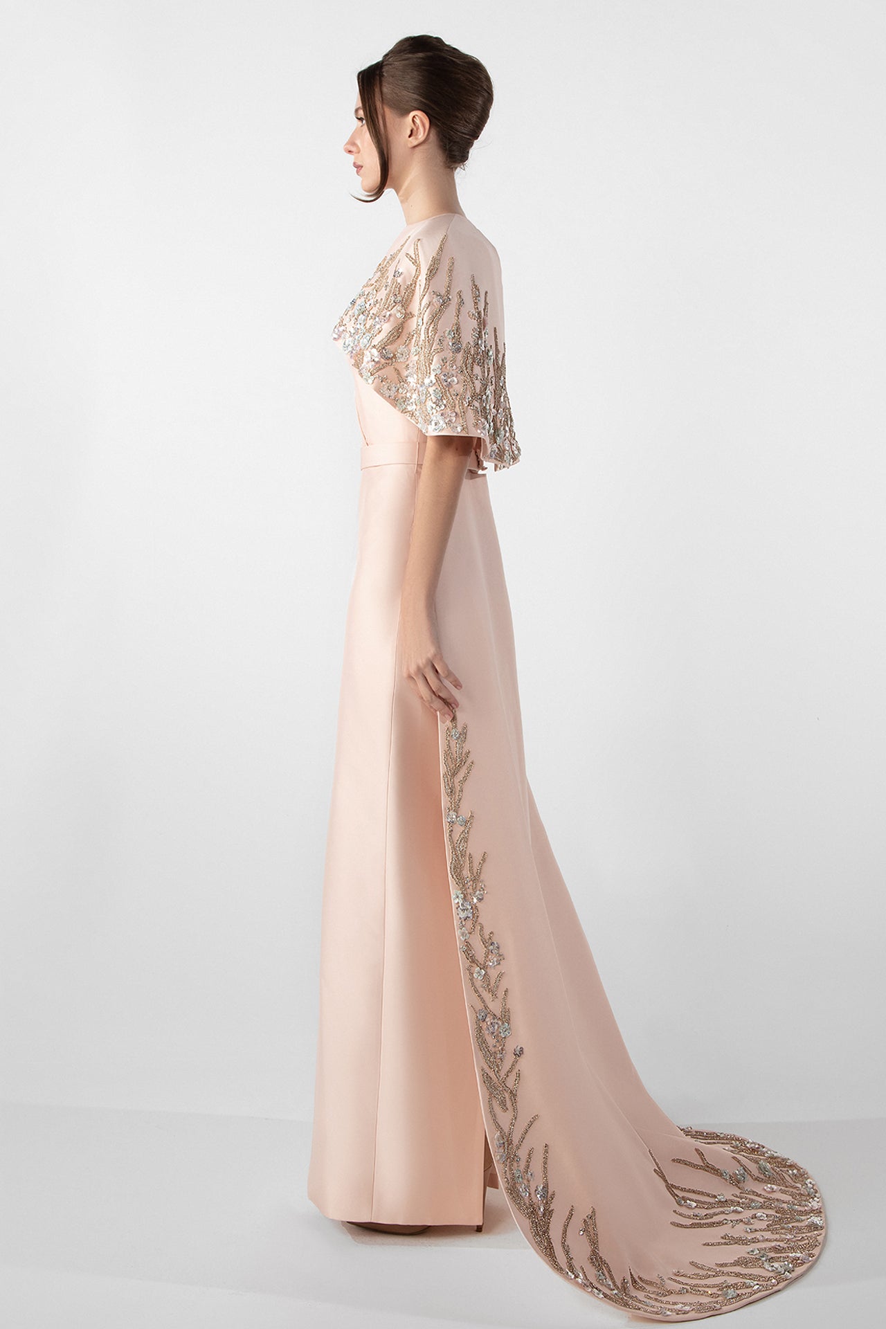 Plunging Neckline Dress with Embroidered Cape
