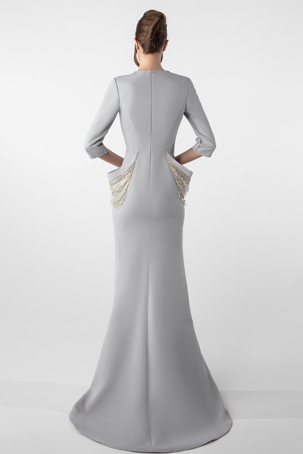 Structured Crepe Gown with Embroidered Accents
